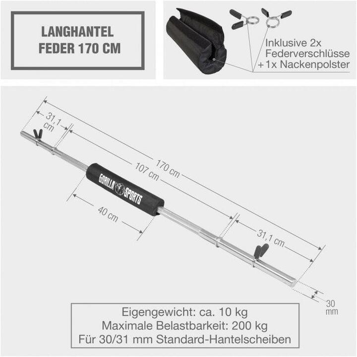 Barre D'Haltère Gorilla Sports 170cm - Charge Max 200kg Avec 2 Fermoirs à Ressort