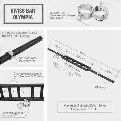 Olympische swiss bar - multi grip - halterstang - staal inclusief - 50 mm -