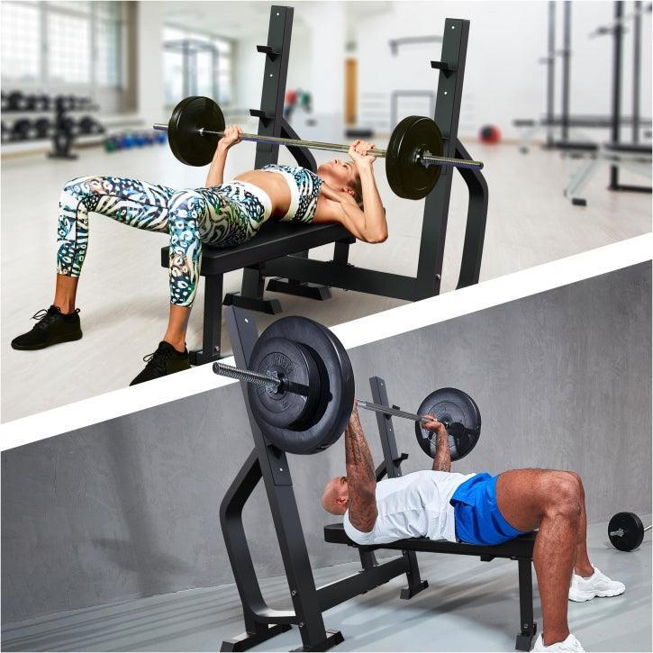 GORILLA SPORTS Vlakke Halterbank - Fitnessbank - Haltersteunen - Belastbaar tot 250 kg - Zwart