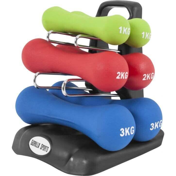 GORILLA SPORTS Aerobic Halterset - Neopreen - 12 kg - Inclusief standaard - 6 Halters