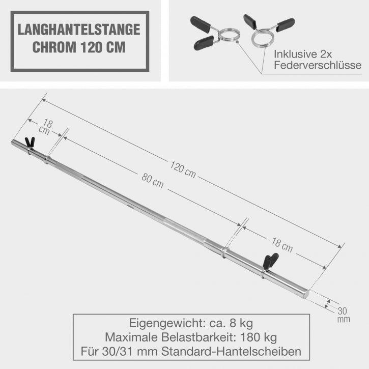 BARRA LONGA 120 CM | DIÂMETRO 30MM | MUSCULAÇÃO | 2 DISCOS DE MOLA DE PARAGEM