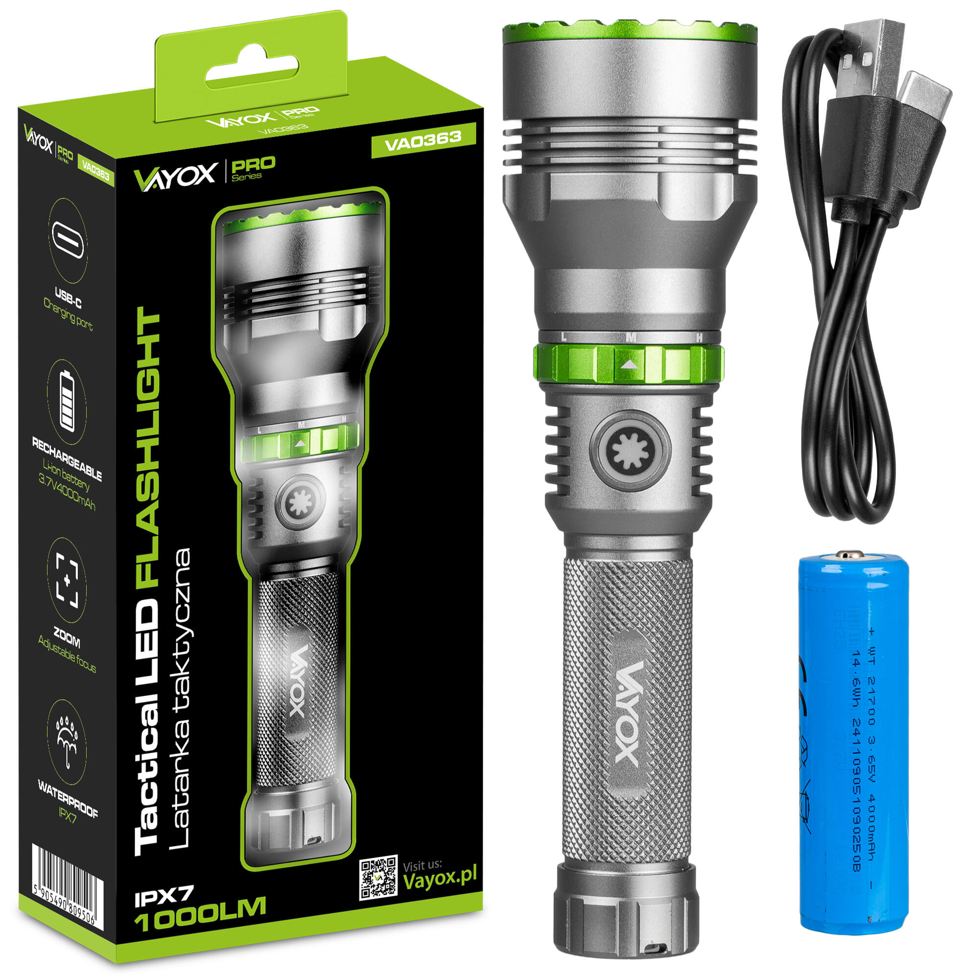 Lanterna recarregável Vayox VA0363 USB-C ZOOM powerbank 1000lm 7/8
