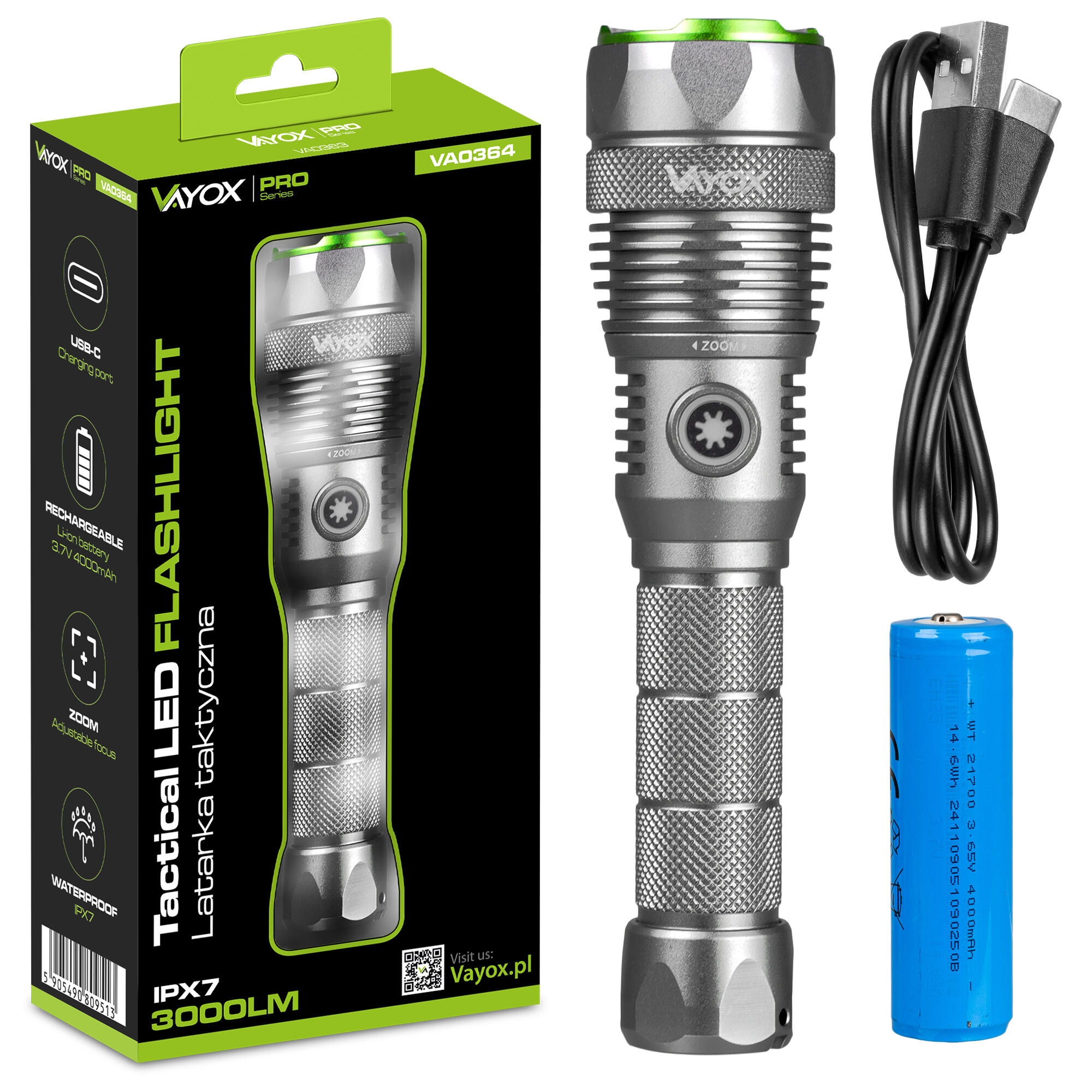 Oplaadbare zaklamp Vayox VA0364 30W USB-C ZOOM powerbank 3000lm 7/7
