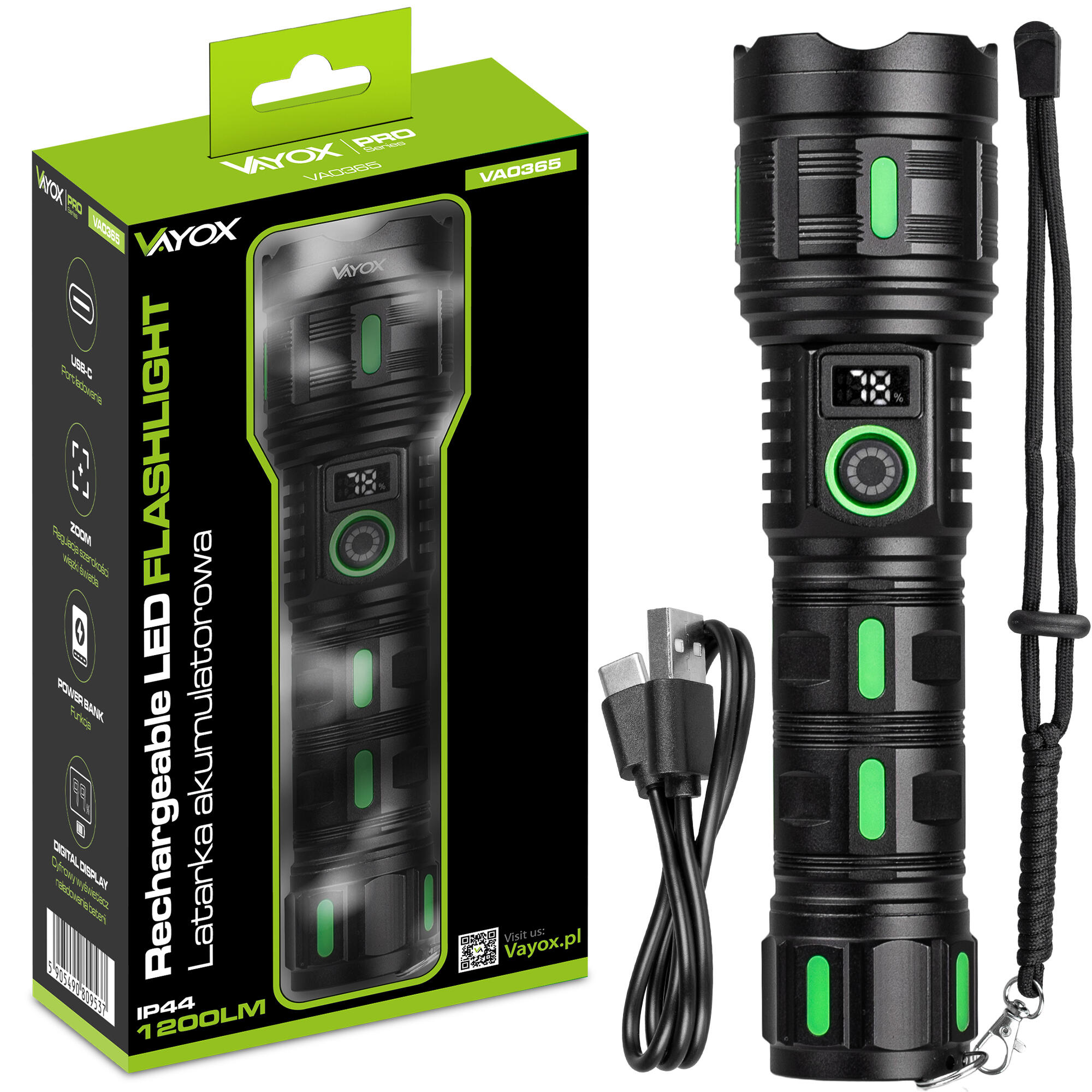 Akku-Taschenlampe Vayox VA0365 USB-C ZOOM Powerbank 1200lm 7/7