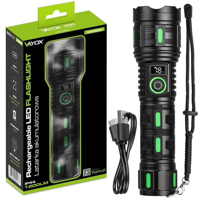 Latarka akumulatorowa Vayox VA0365 USB-C ZOOM powerbank 1200lm