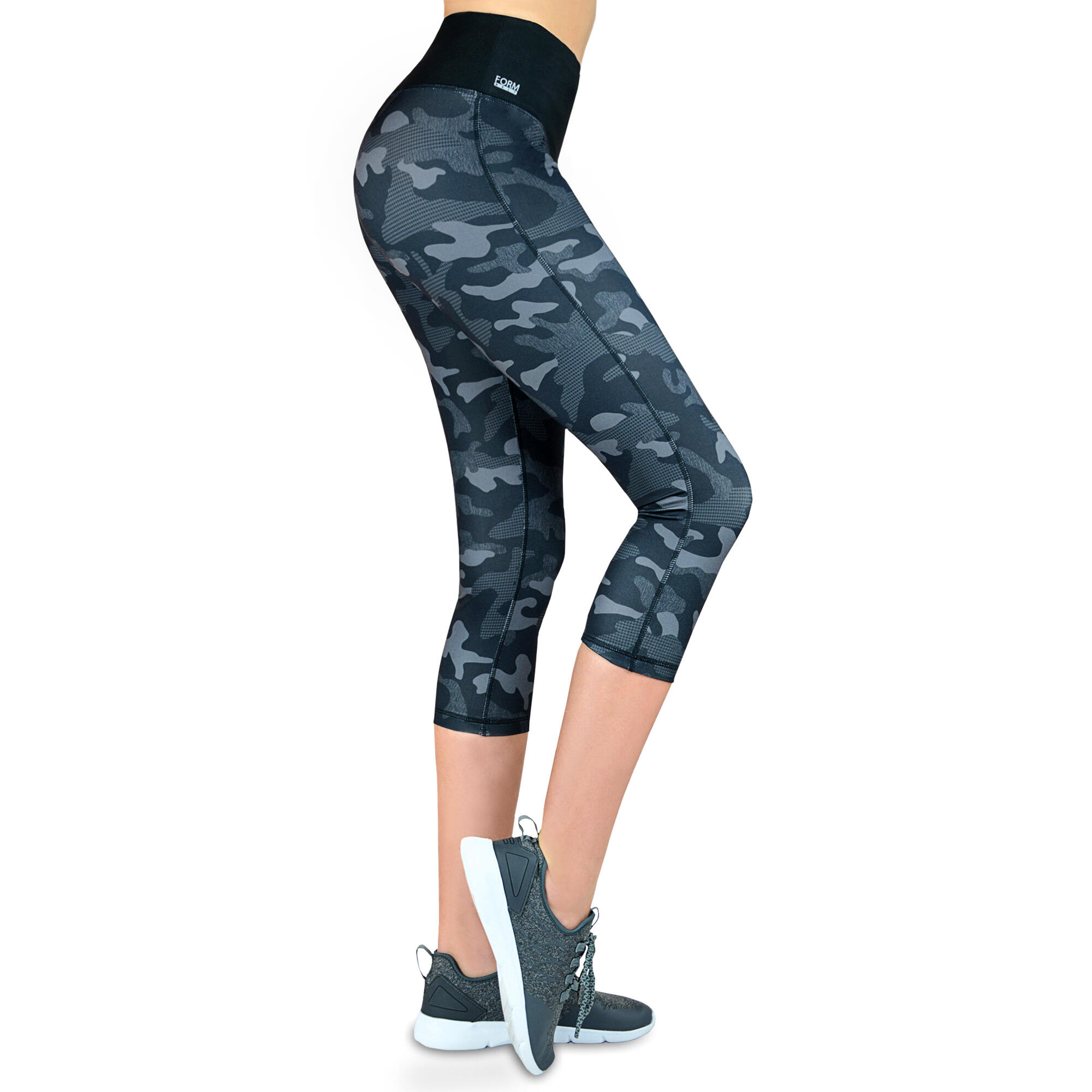 Damen 3/4 Laufhose Capri Hoher Bund, Atmungsaktiv, mit  Handytasche-Camouflage 6/7