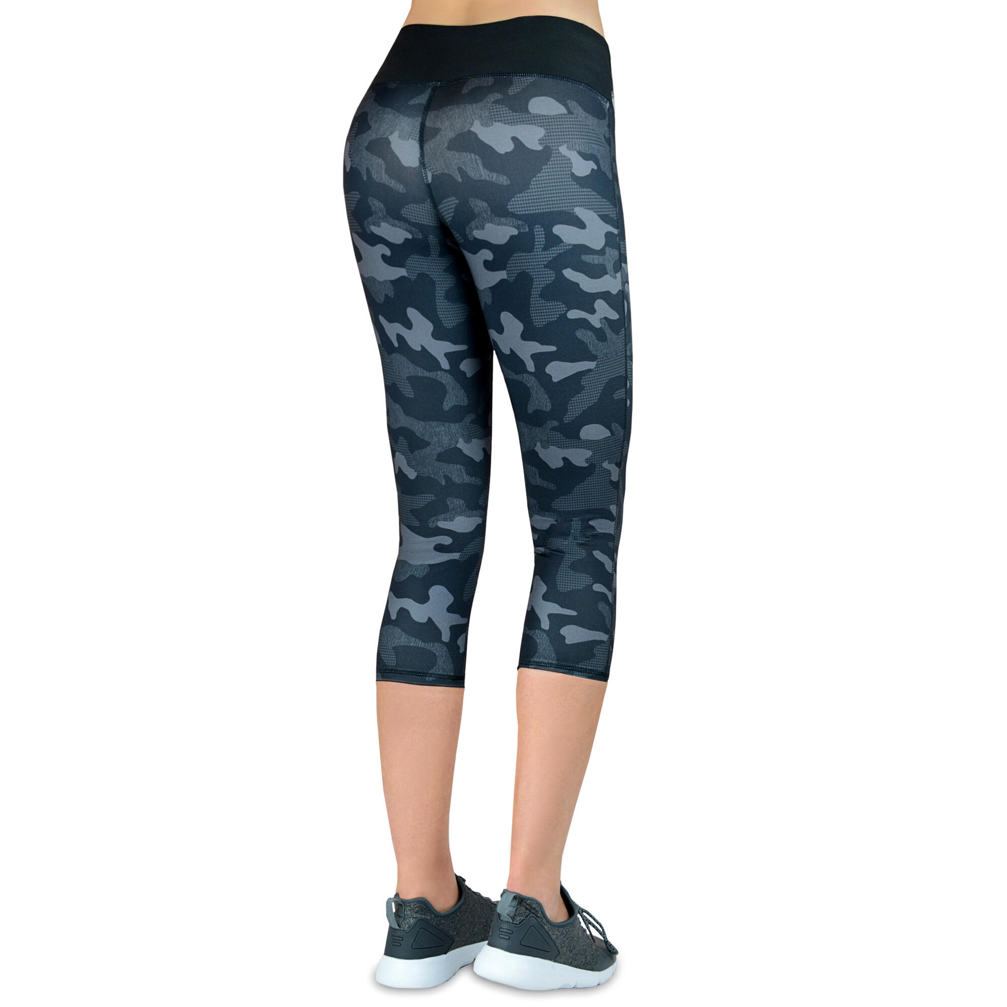 Damen 3/4 Laufhose Capri Hoher Bund, Atmungsaktiv, mit  Handytasche-Camouflage 7/7
