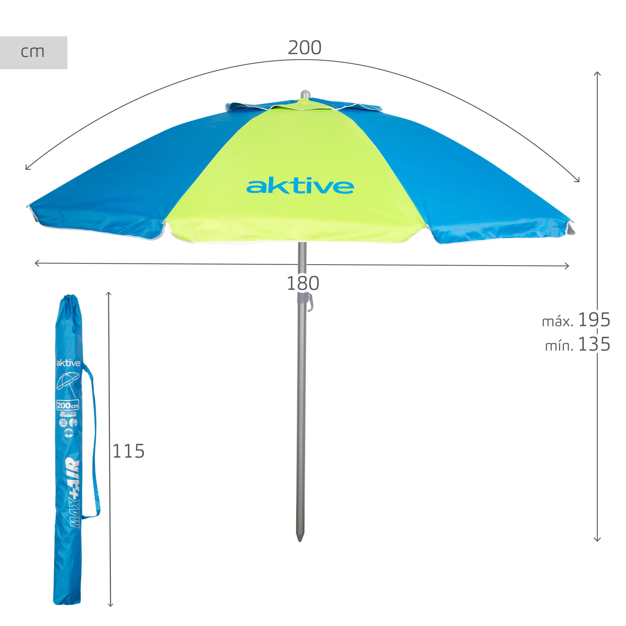 Parasol de plage bleu et vert de 200 cm avec housse (expédition aléatoire) 4/7