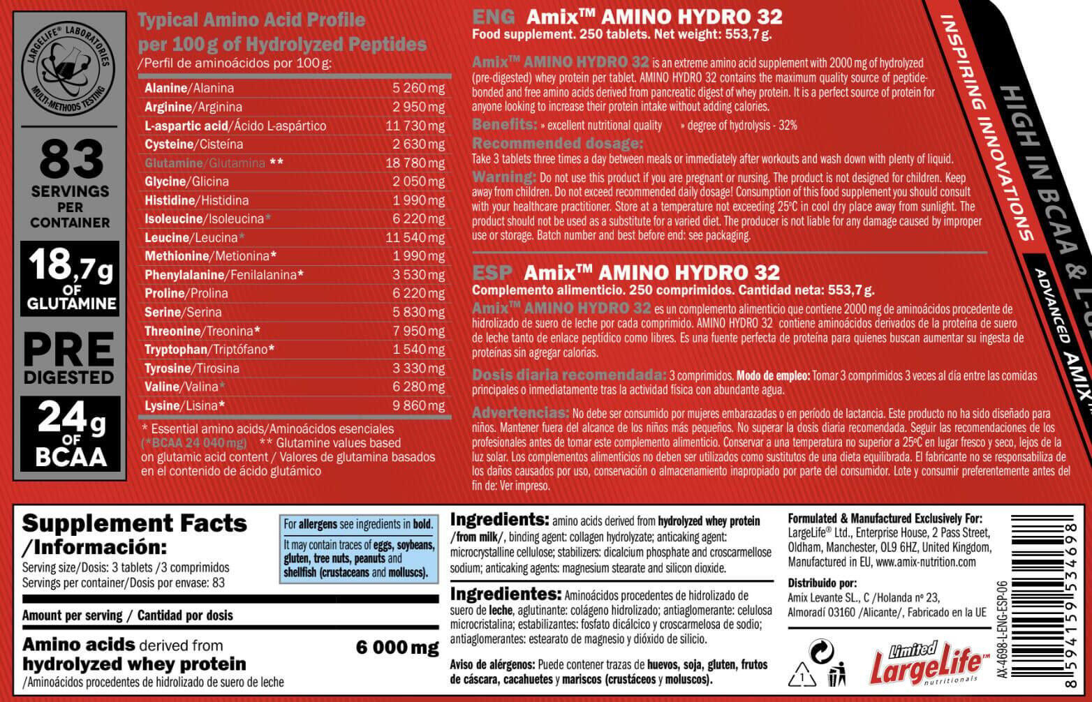Amino hydro-32 - 250 tablets de Amix Nutrition 4/4