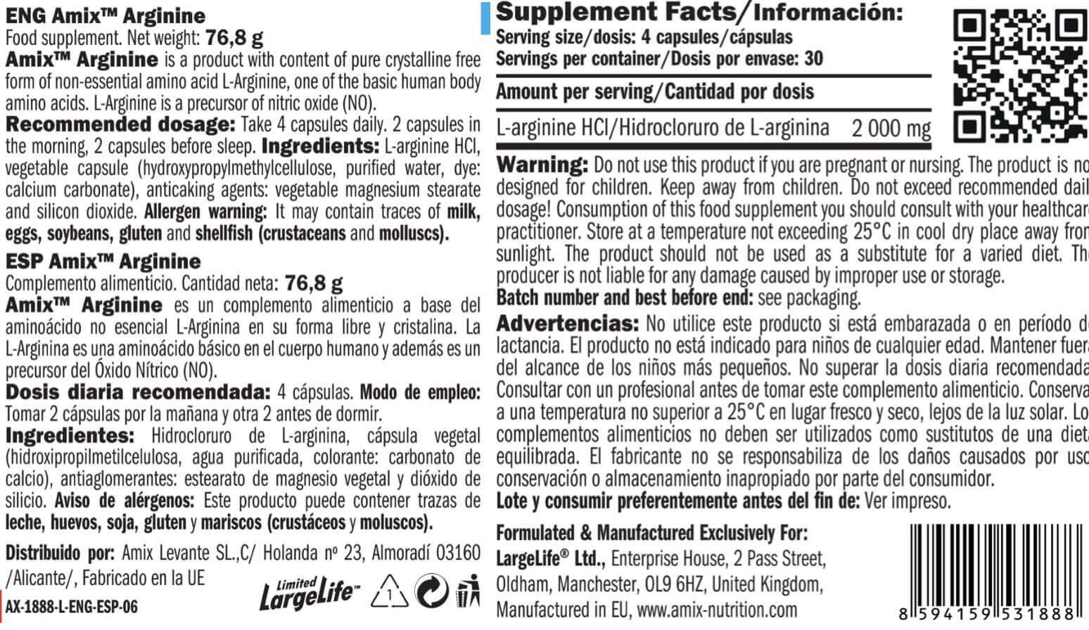 Arginine 500mg - 120 capsulas de Amix Nutrition 4/4
