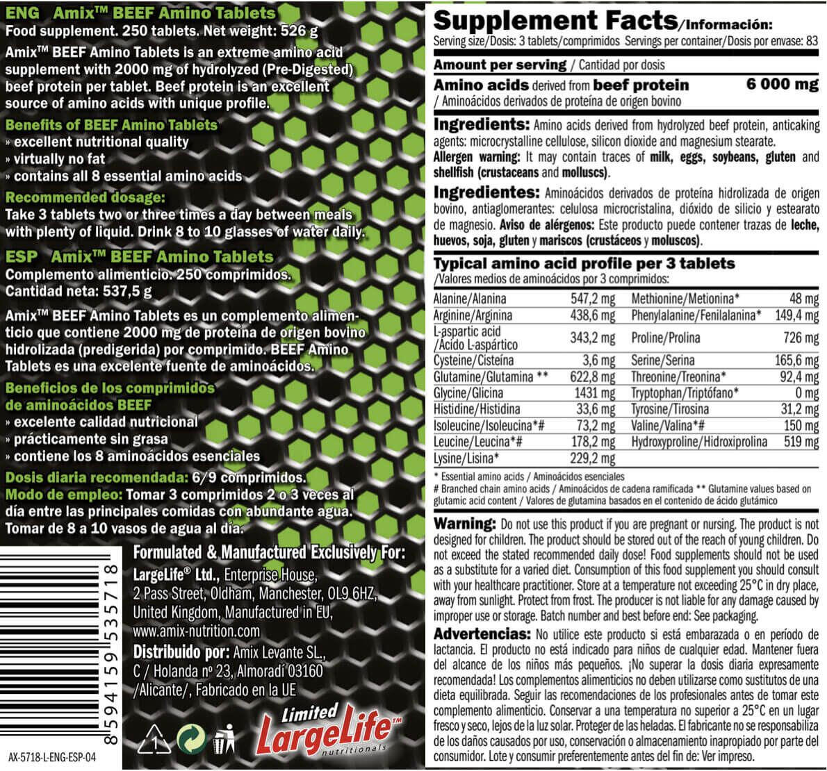 Beef amino - 250 tablets de Amix Nutrition 3/4
