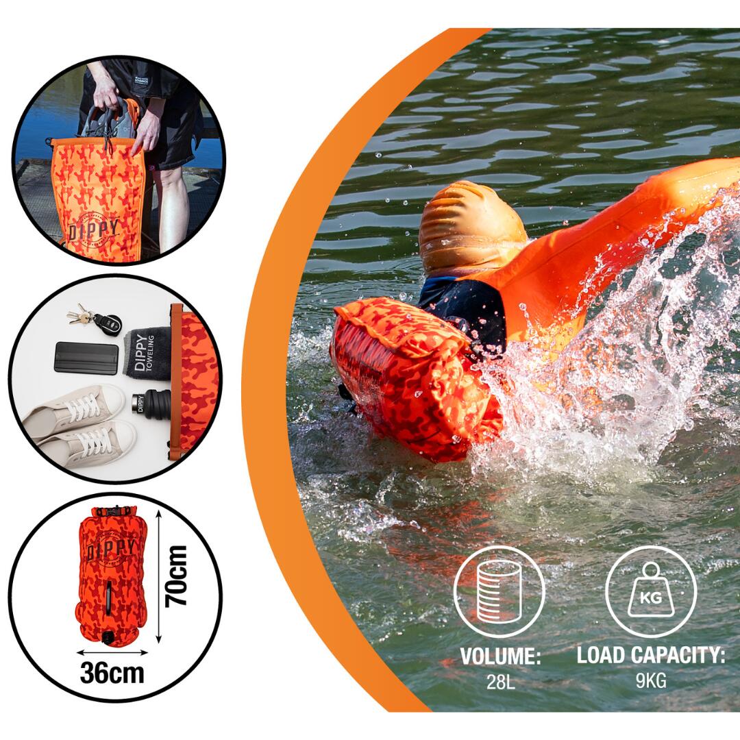 Tow Float Open Water Swim Buoy Dry Bag Orange Camo 28 Litres