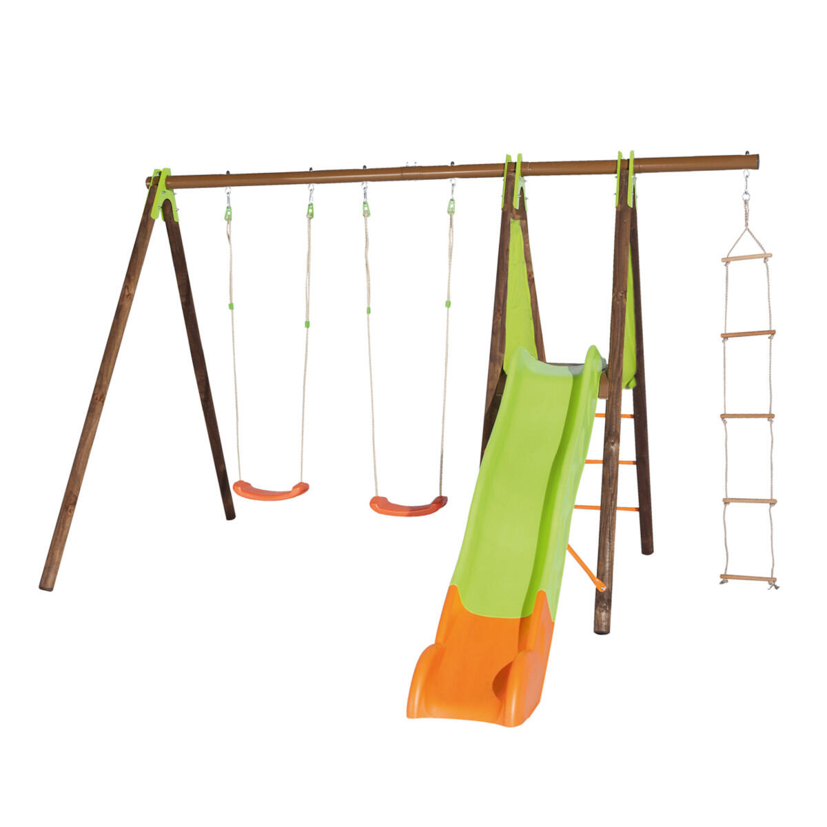 Portique bois-métal avec 2 balançoires + 1 échelle de corde + 1 plateforme avec 1/7