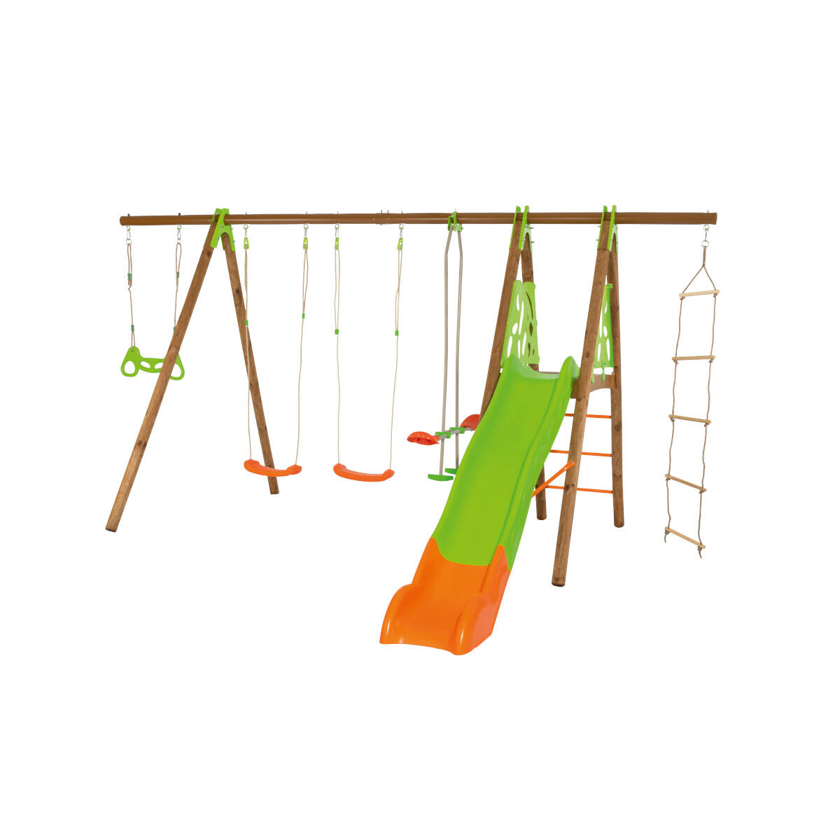 Trigano - Portique Bois-métal Avec 2 Balançoires + 1 Siège Face À Face + 1 Plateforme Avec - Balançoire - Beige|kaki - Taille Unique - Decathlon