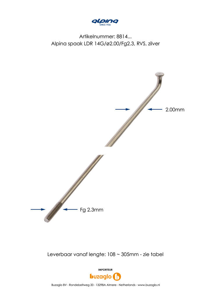 Alpina Spaken 296-14 Ø2.00 mm FG 2.3 - Argent en acier inoxydable (144 pièces 3/4