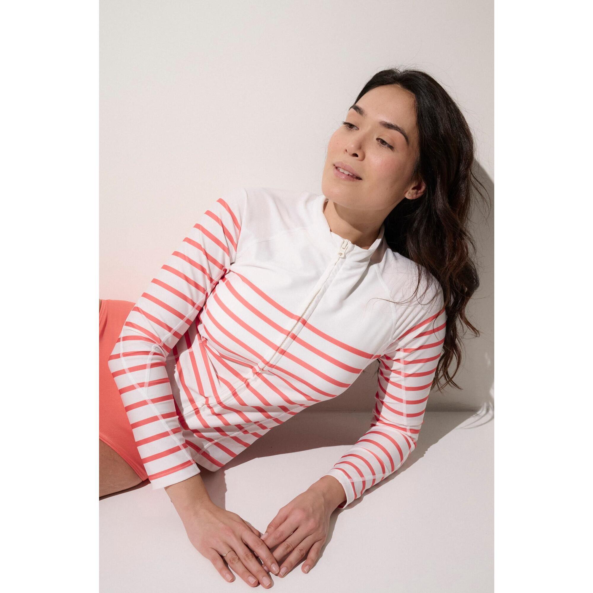 Ker Sun - Veste De Bain Anti-uv Femme, Moorea, Marinière Hortensia - T-shirt Anti-uv - Blanc|orange - 48 Xl - Decathlon