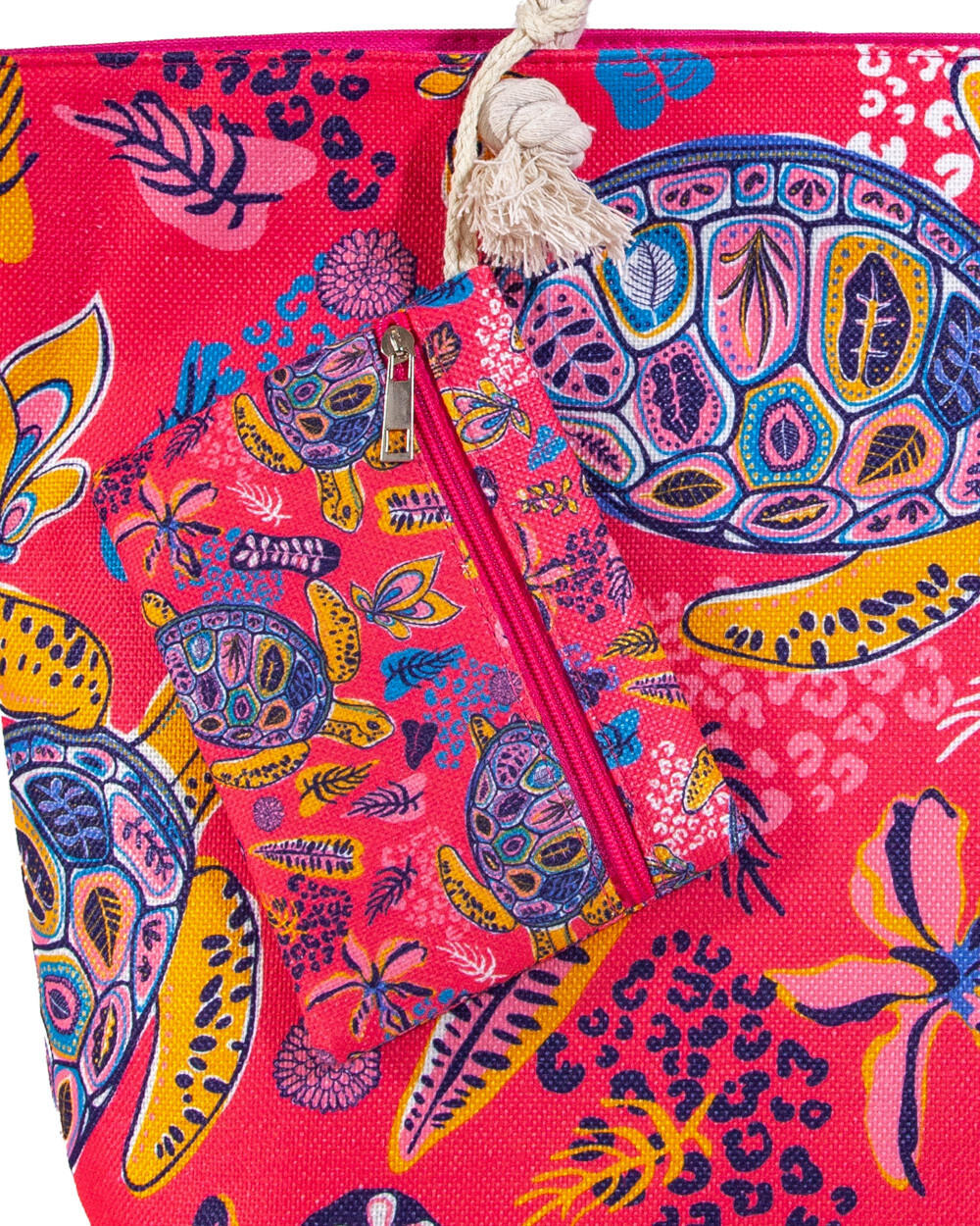 BEDRUKTE STRANDTAS MET ROZE SCHILDPADBEURTJE 3/4
