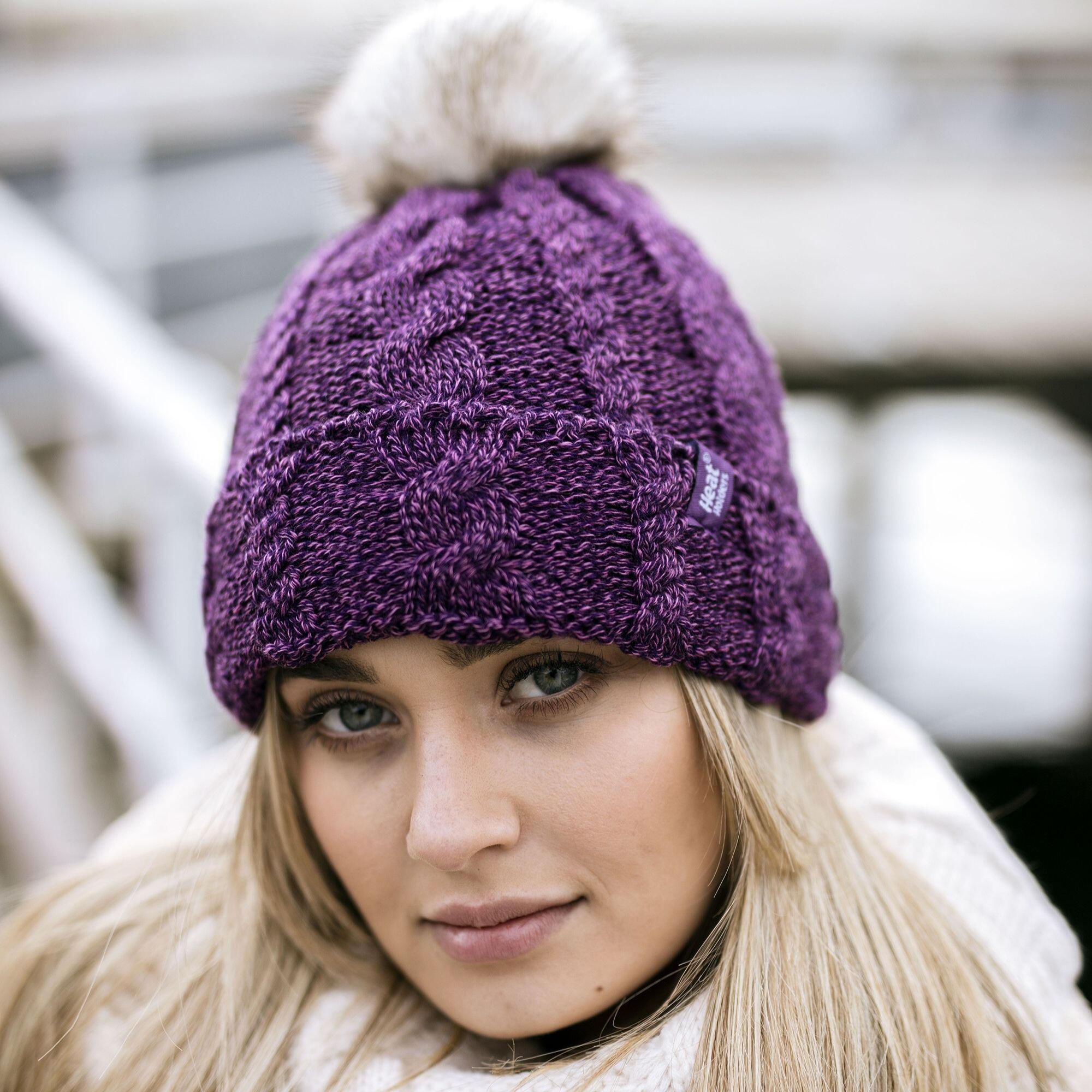 Ladies Cable Knit Fleece Lined Thermal Winter Bobble Hat with Pom Pom 4/5