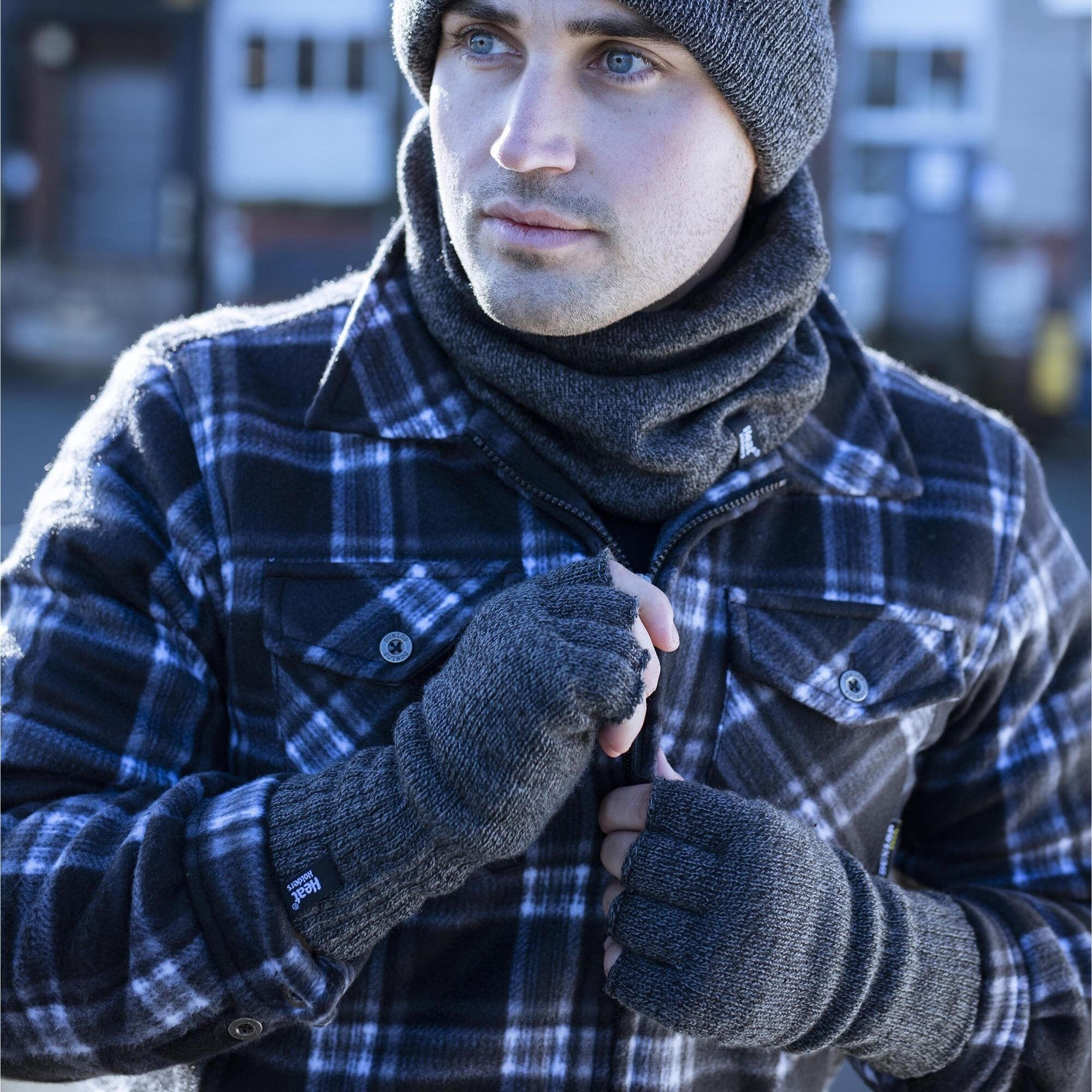 Mens Warm 3.2 TOG Fleece Lined Winter Thermal Fingerless Gloves in Khaki & Navy 4/5