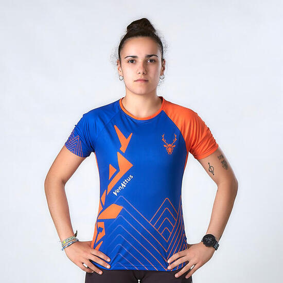T-shirt de Running Trail Femme Bleu Orange