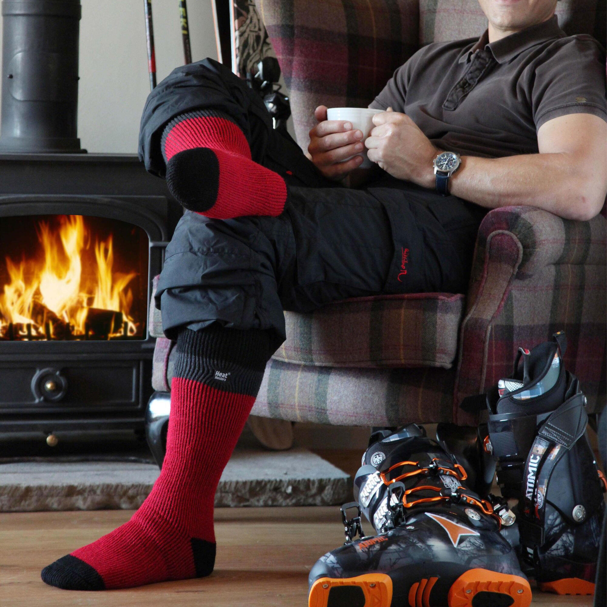 Men's Thermal Striped Ski Socks | High Quality Heat Holders Extra Long Socks 3/4