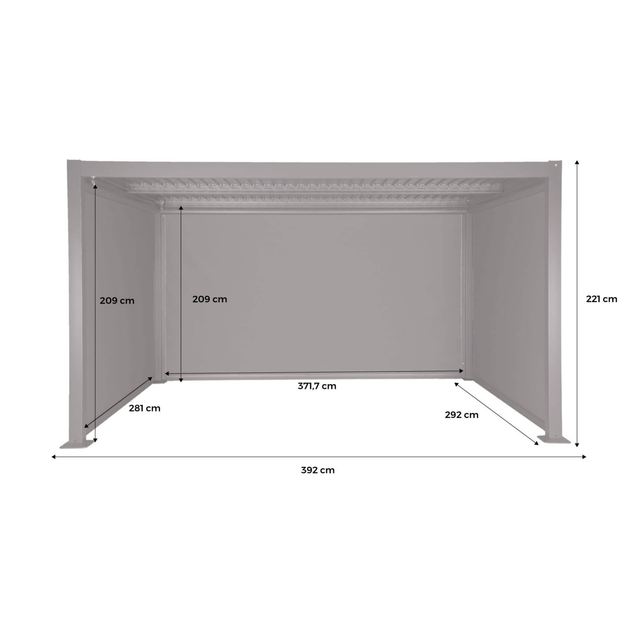 Pérgola bioclimática de aluminio y acero, 3x4m con 2 toldos 3m + 1 toldo 4m, 4/6