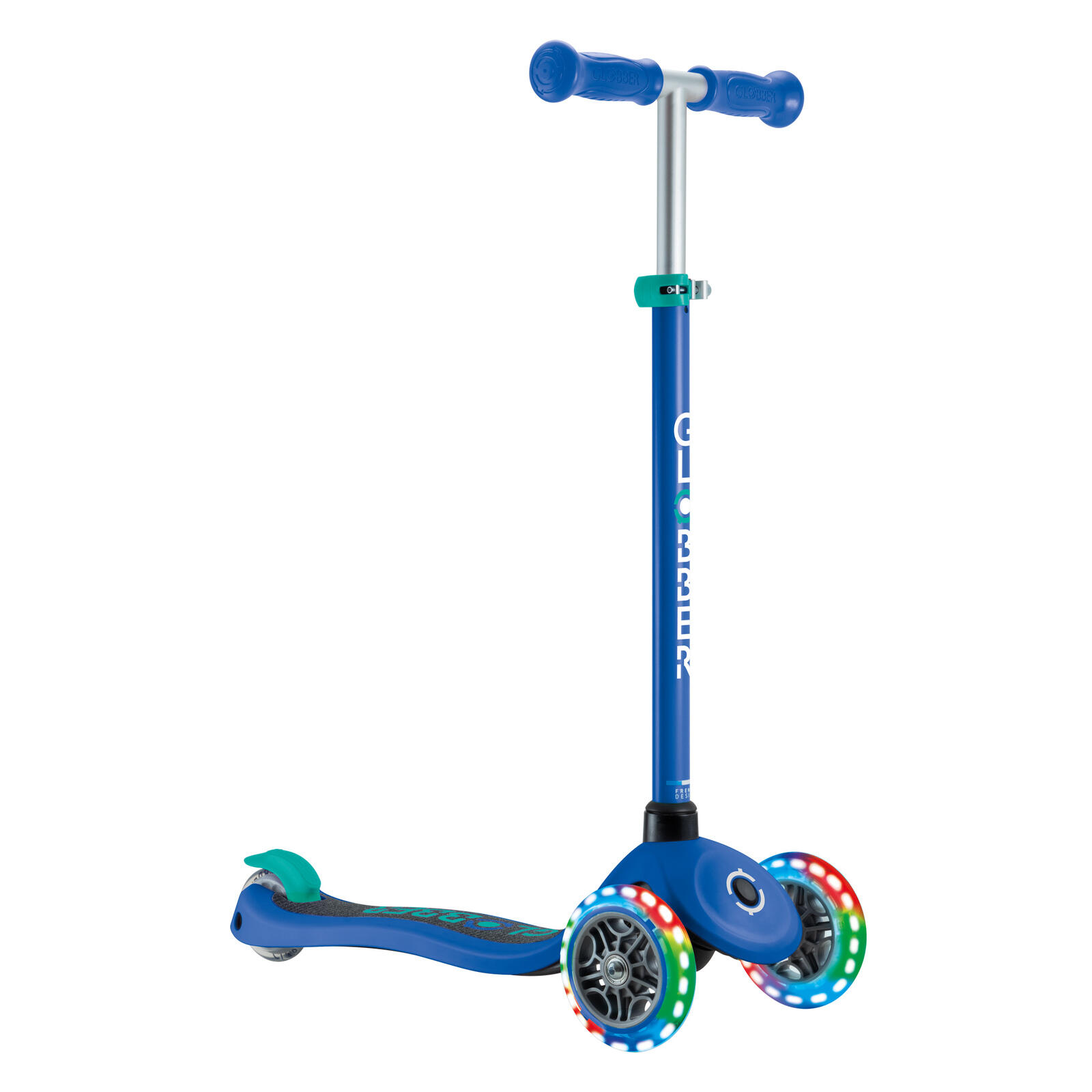 Globber Primo V2 scooter with Lights and Griptape - Navy Blue/ Emerald Green