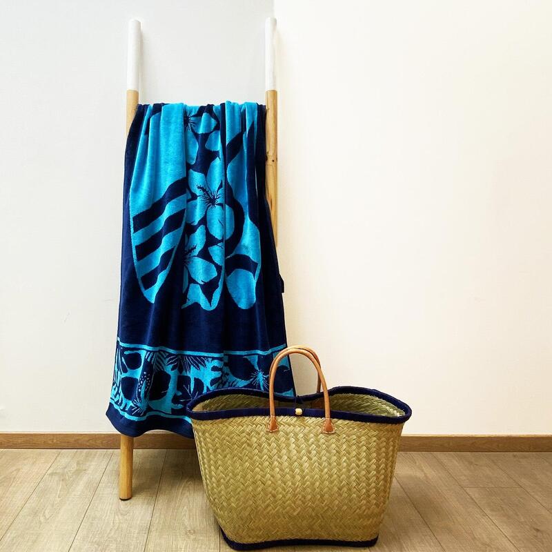 Serviette de plage éponge velours Jacquard Bleu 90x170 400g/m² - Cayo