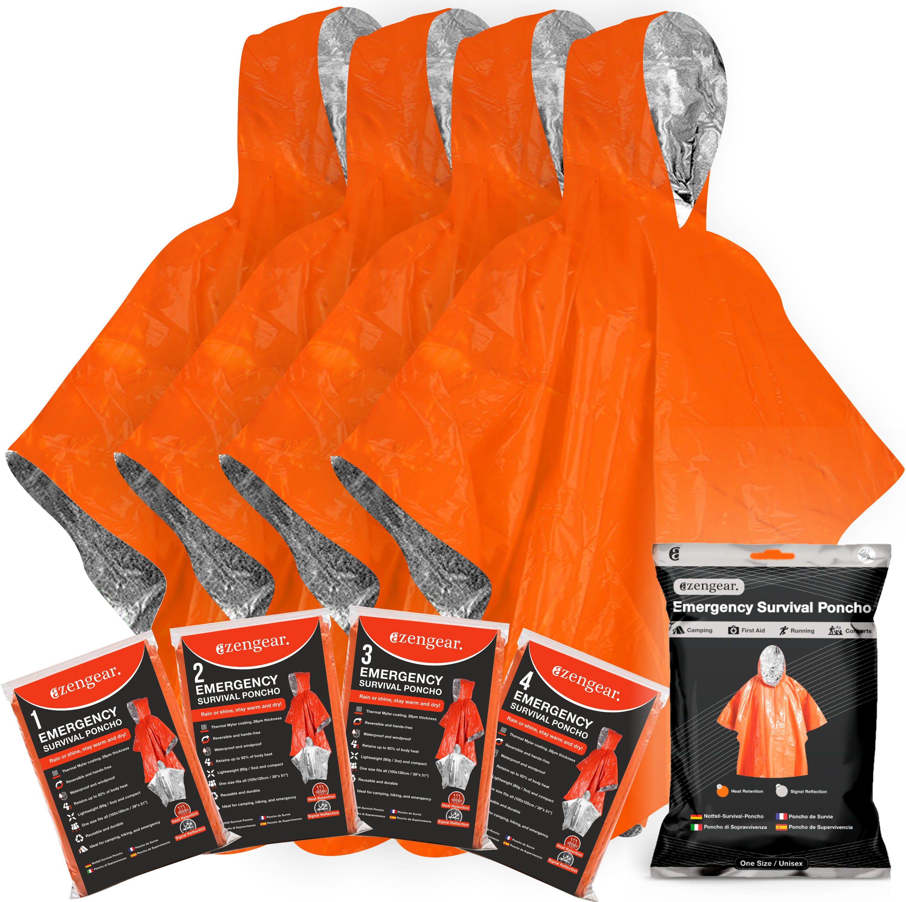 AZENGEAR Noodoverlevingsponcho (4-pack) Mylar thermische deken, waterdicht