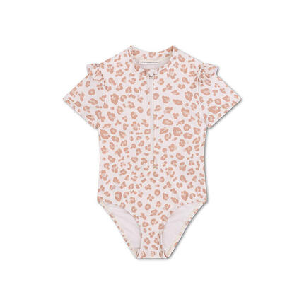 Maillot de bain anti-UV fille à manches courtes - beige - Leopard - 86/92