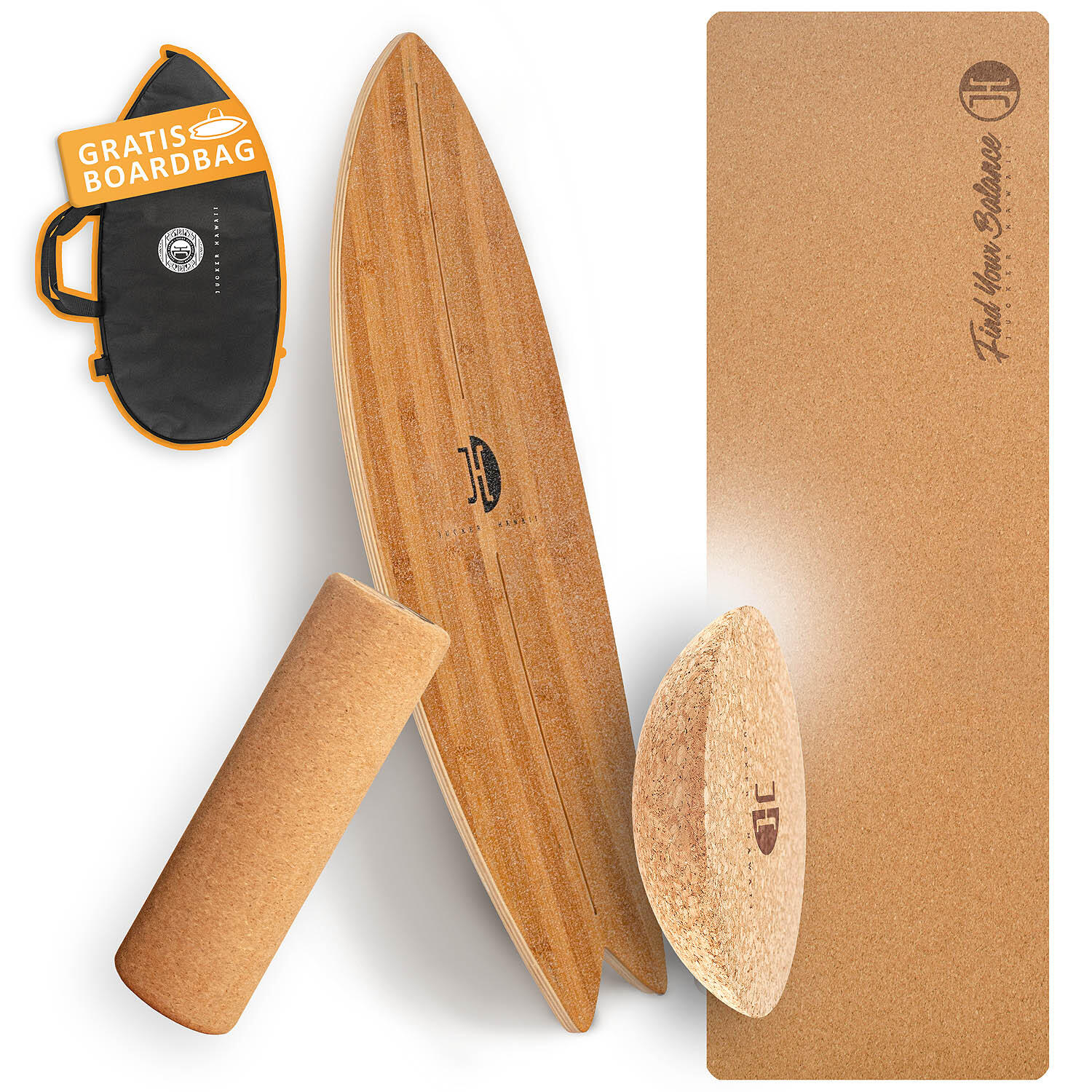 JUCKER HAWAII Balanceboard OCEAN ROCKER Bamboo XL Set | Korkrolle + Korkmatte + Plank Ball