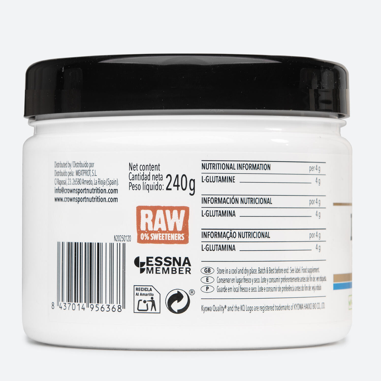 Lata com 240g de Glutamina ‘L-Glutamina Kyowa‘ Neutra 3/4