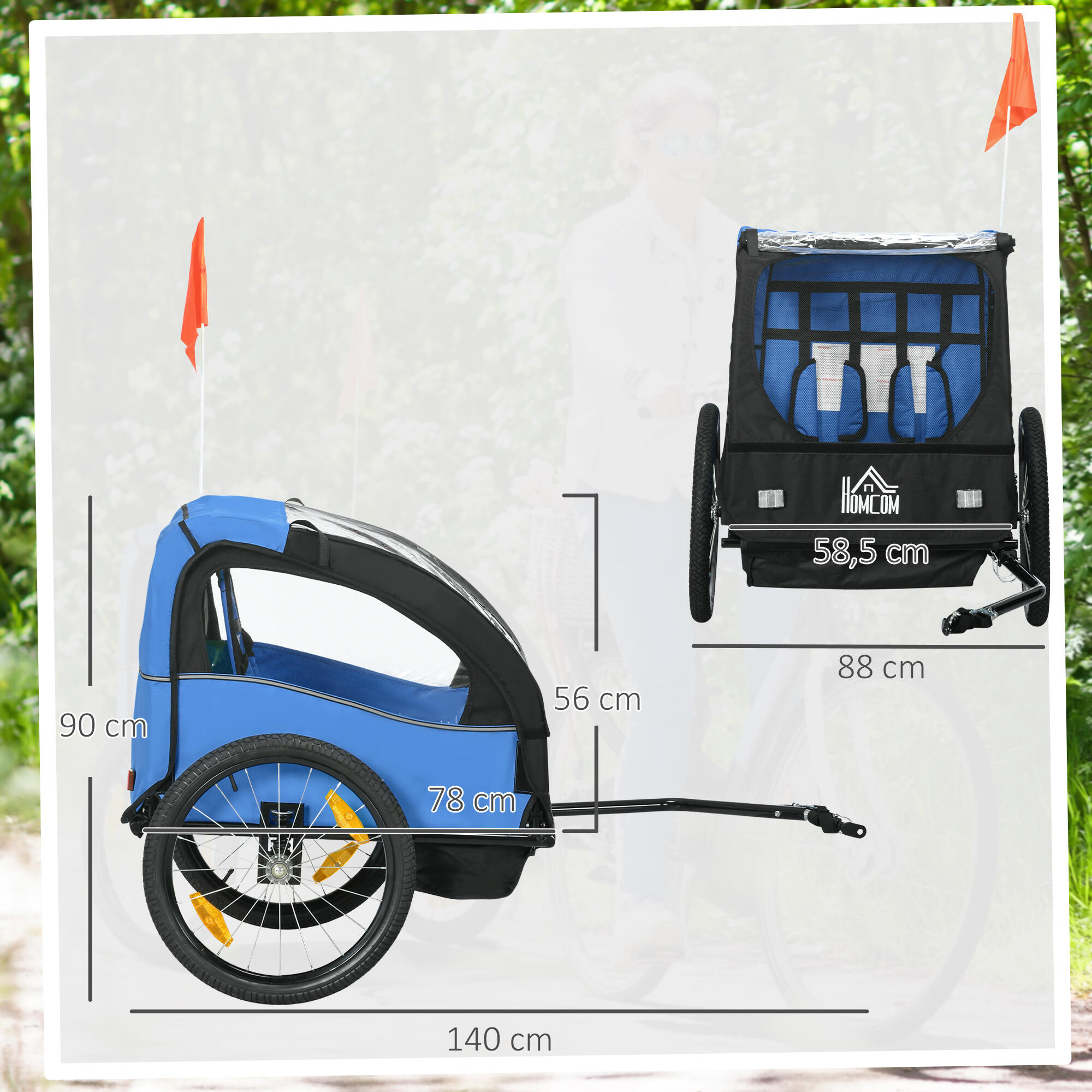 Remolque de Bicicleta HOMCOM 140x88x90 cm Azul 3/7