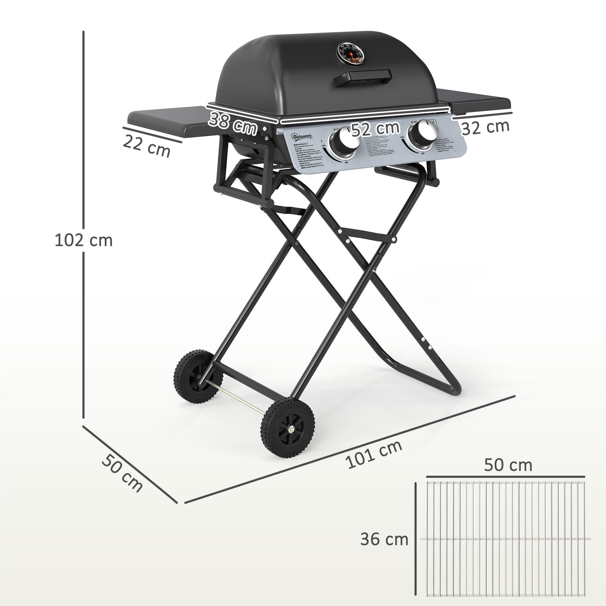 Barbacoa de Gas Outsunny 101x50x102 cm Negro 3/7
