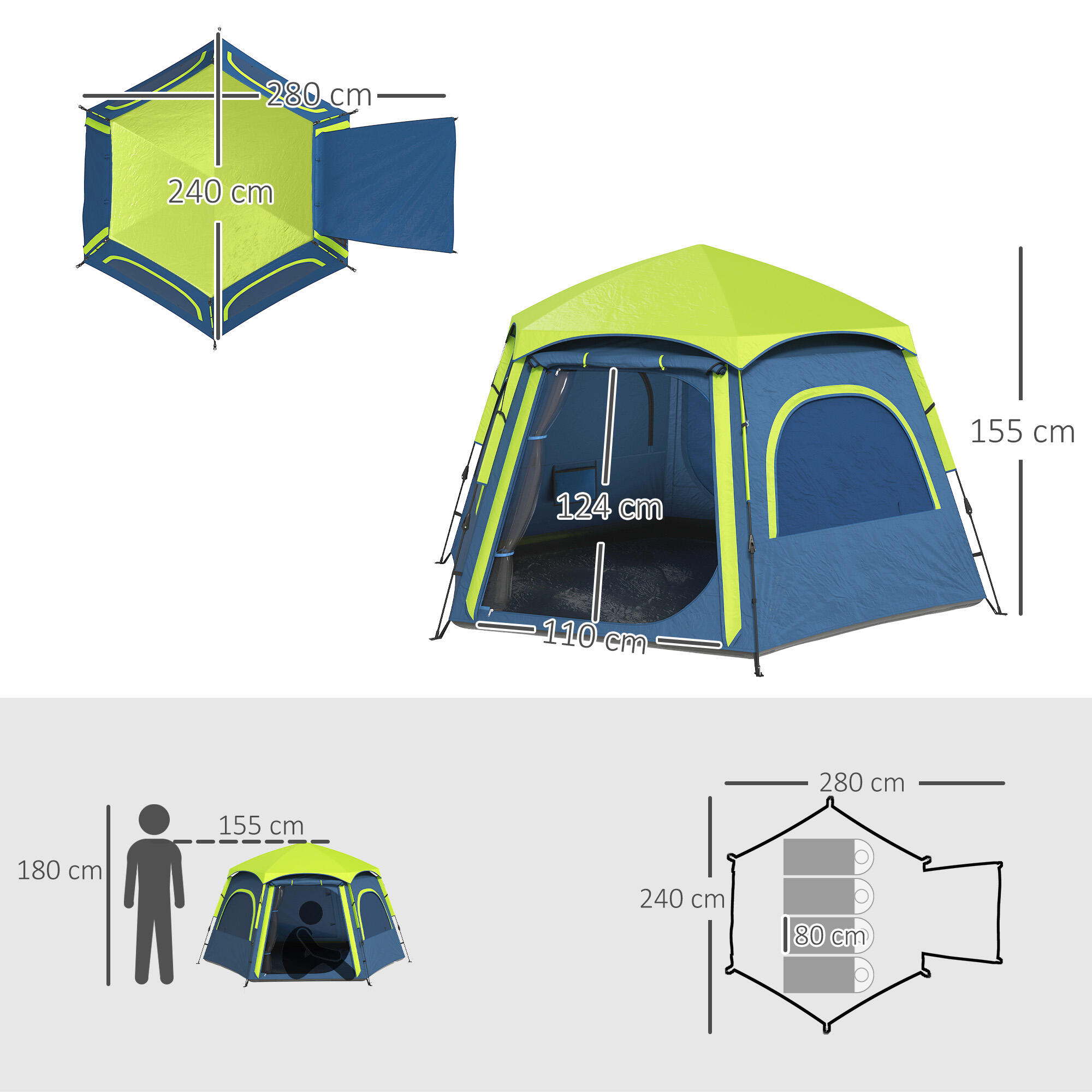 Tenda de campismo 280x240x155 cm azul e verde Outsunny 3/7