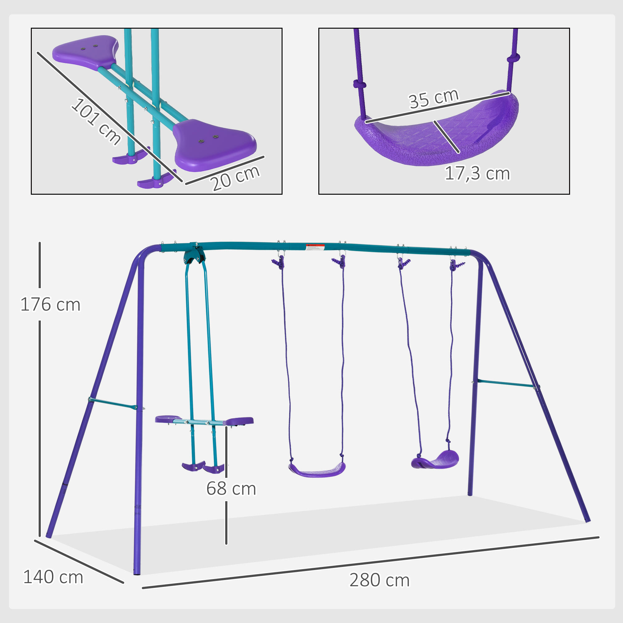 Conjunto de baloiços de jardim 280x140x178 cm azul e roxo Outsunny 3/7