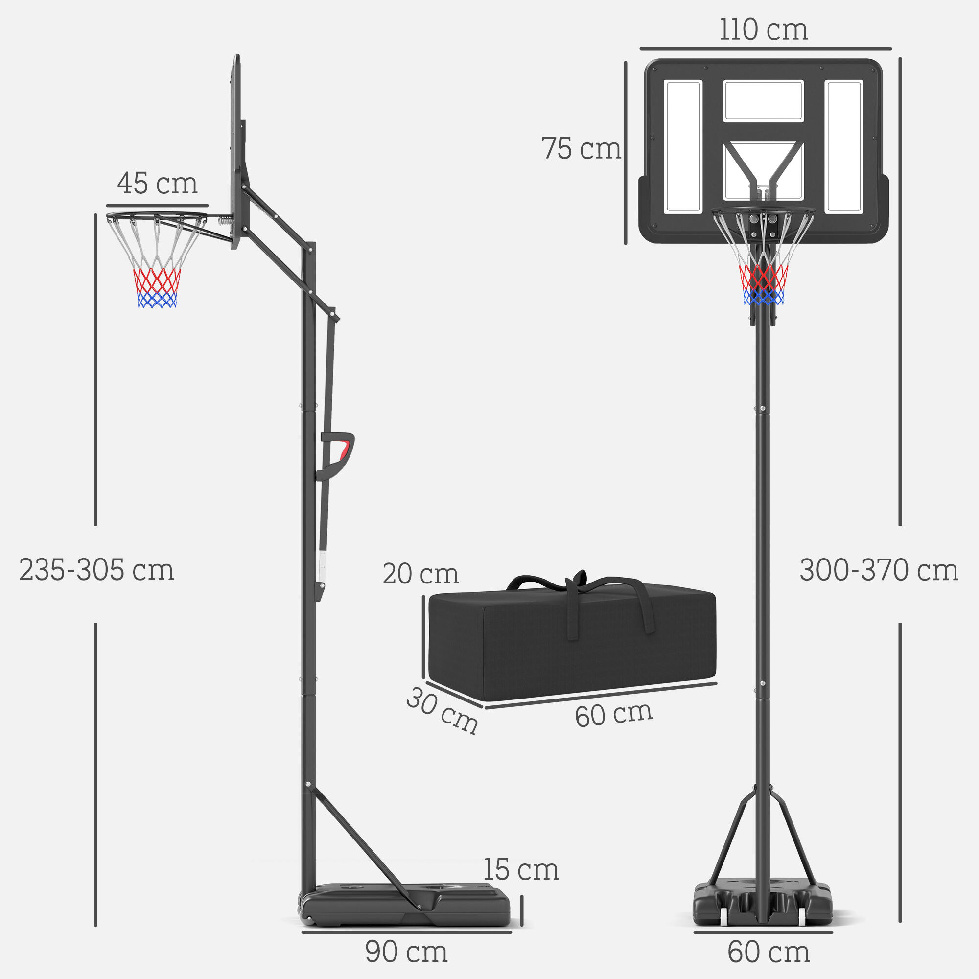 Tabela de basquetebol 90x60x305 cm preto SPORTNOW 3/9