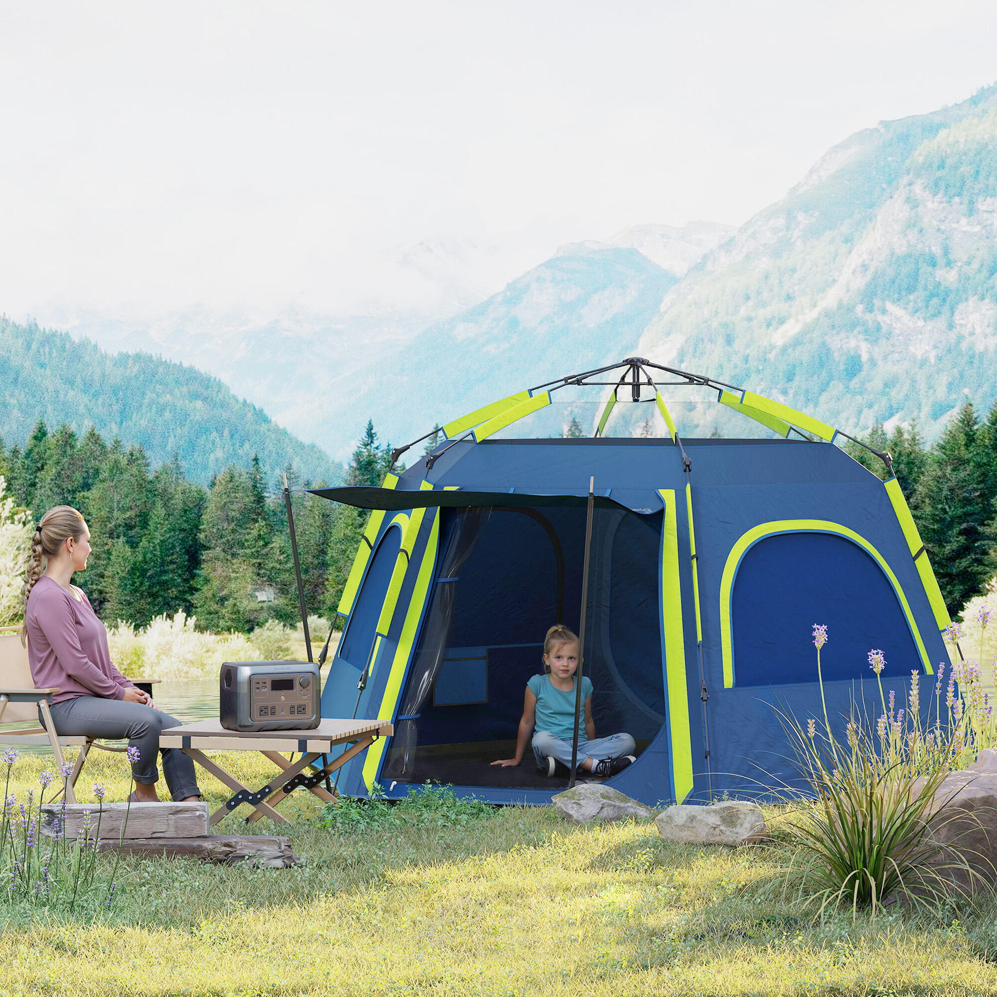 Tenda de campismo 280x240x155 cm azul e verde Outsunny 2/7