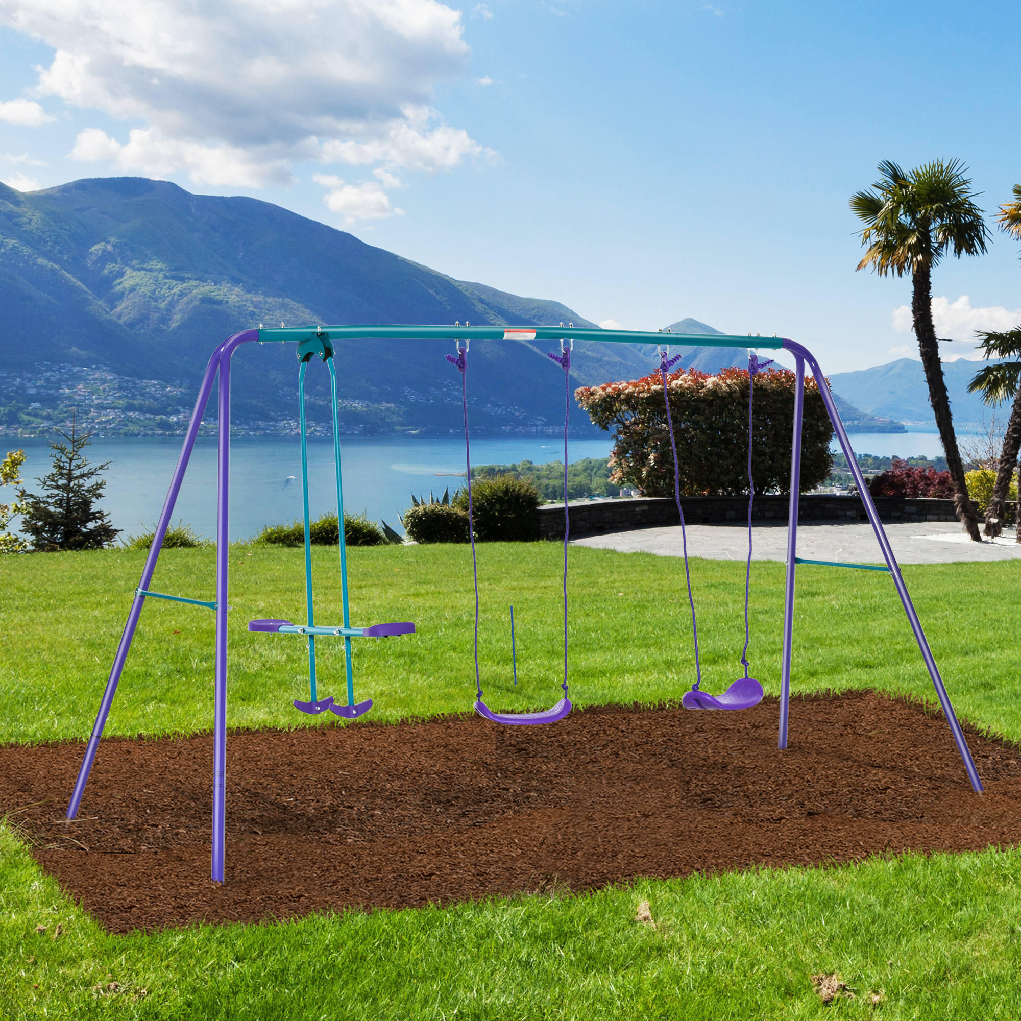 Conjunto de baloiços de jardim 280x140x178 cm azul e roxo Outsunny 2/7