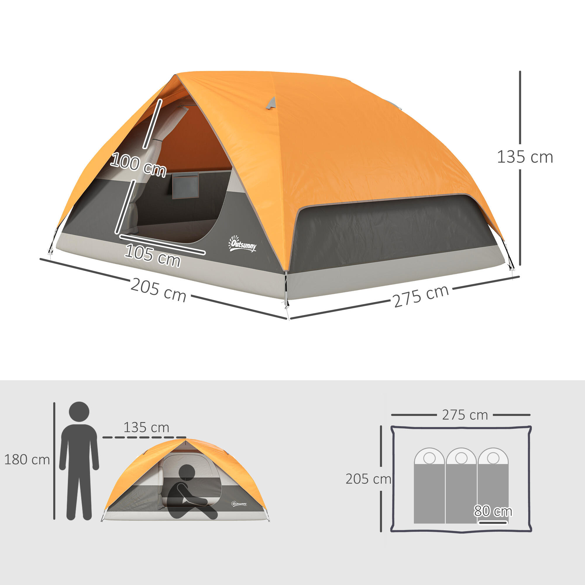 Tenda de campismo 205x275x135 cm laranja e cinzento Outsunny 3/7