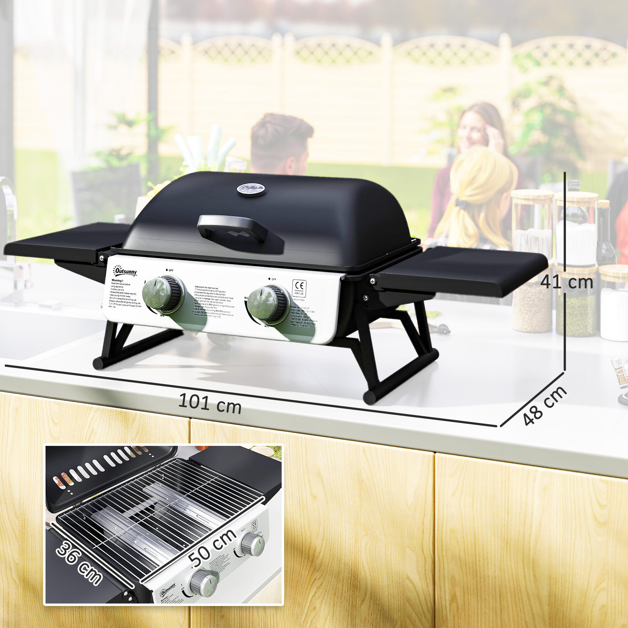 Barbacoa de Gas Outsunny 101x48x41 cm Negro 3/7