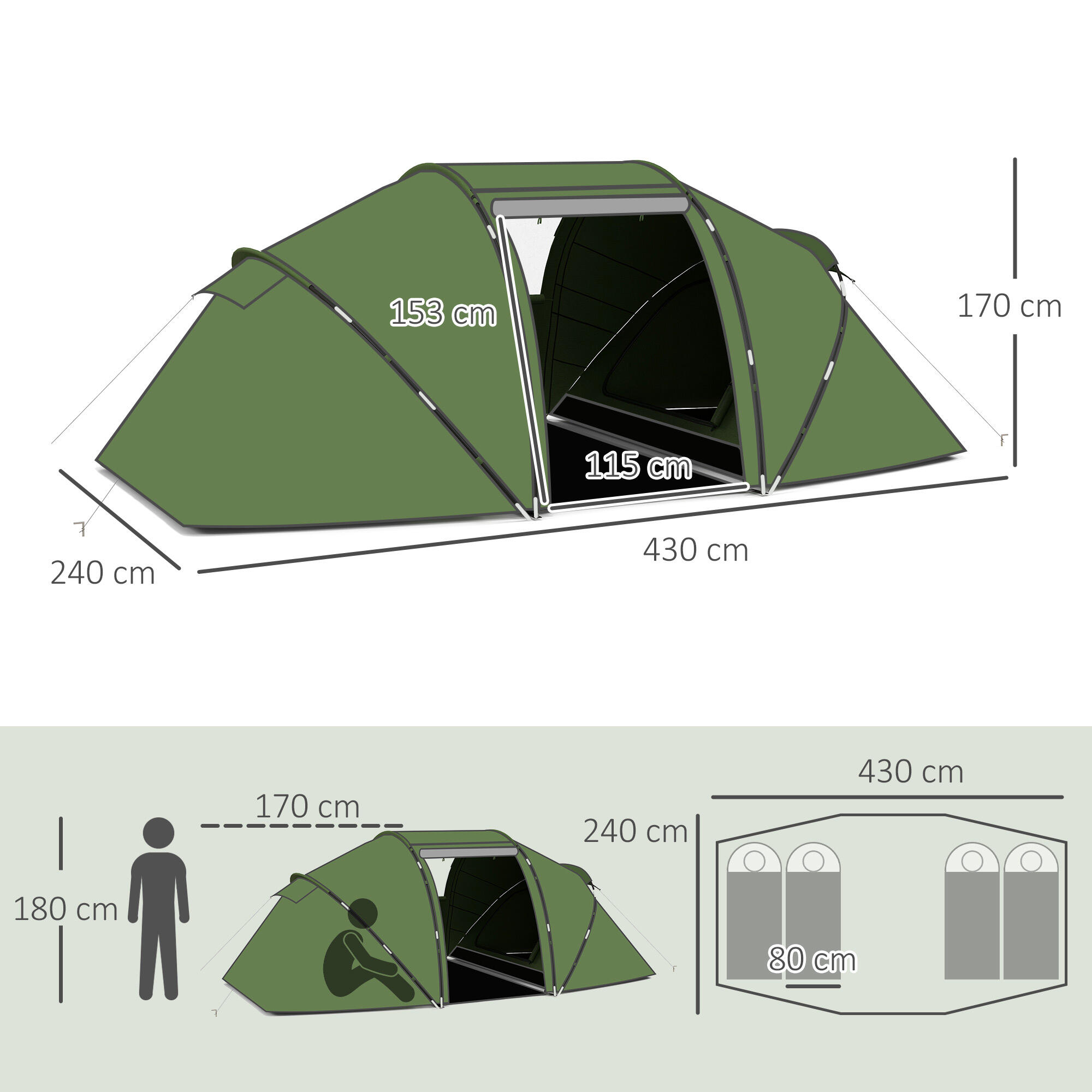 Tenda de campismo 430x240x170 cm verde Outsunny 3/7