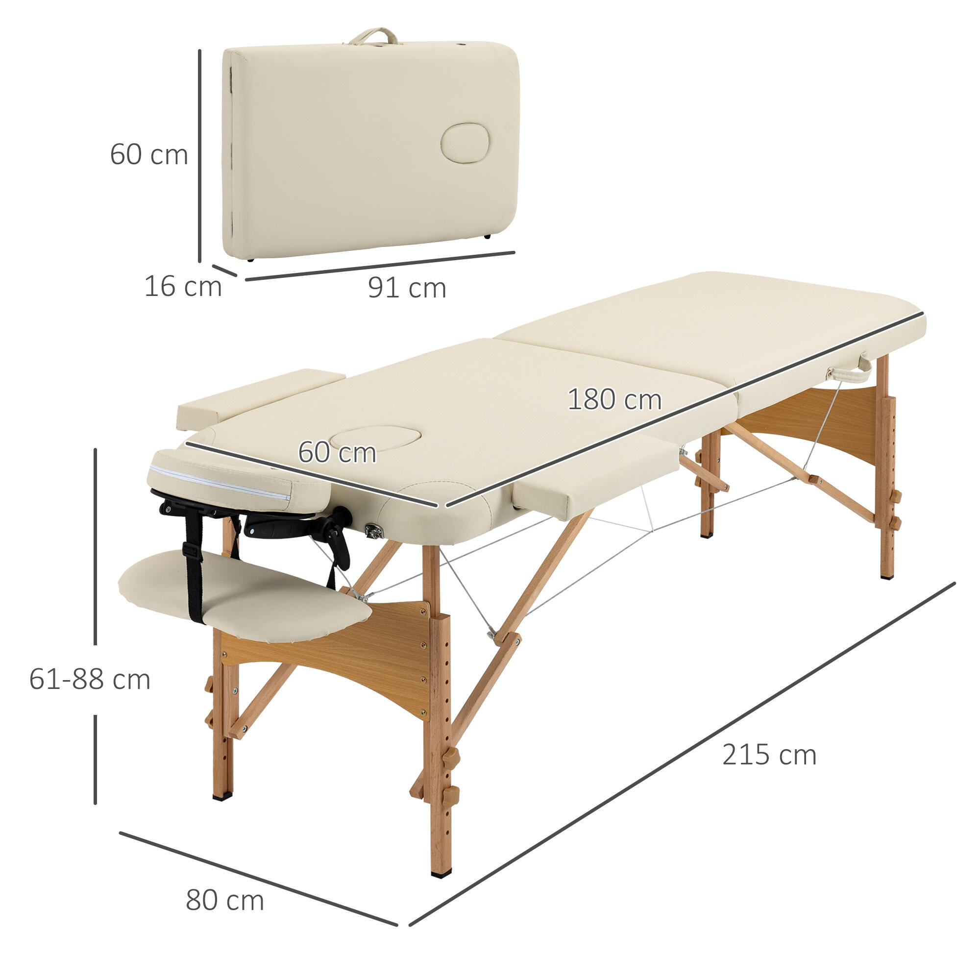 Marquesa de massagem 185x60x61-87 cm creme branco HOMCOM 3/7