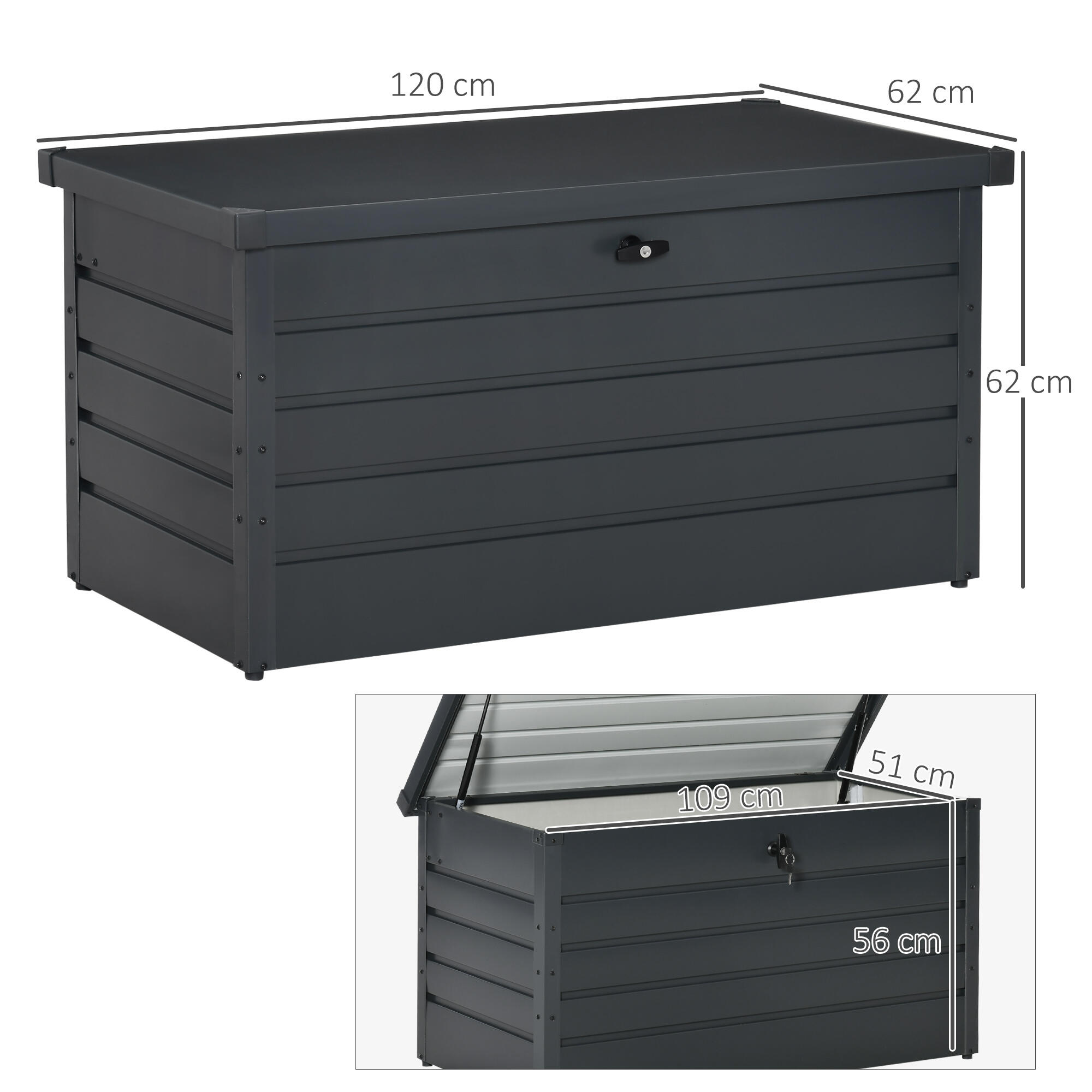 Baú metálico de armazenamento 120x62x62 cm cinza escuro/cinza de carvão Outsunny 3/7