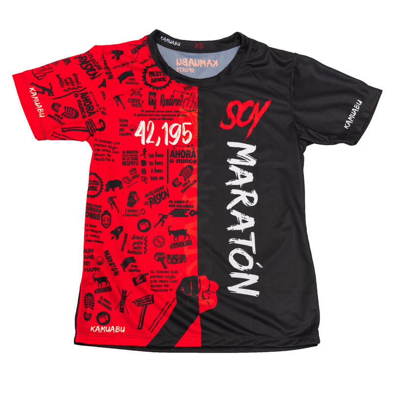 CAMISETA DE RUNNING #SOYMARATON para HOMBRE - KAMUABU color ROJO/NEGRO 110grs