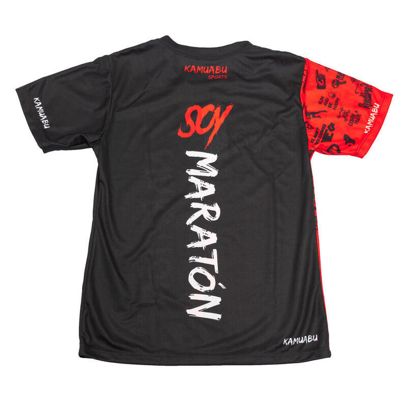 CAMISETA DE RUNNING #SOYMARATON para HOMBRE - KAMUABU color ROJO/NEGRO 110grs