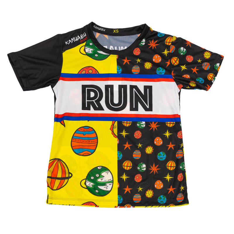 CAMISETA DE RUNNING #PLANETAS para MUJER - KAMUABU color AMARILLO/NEGRO 110grs