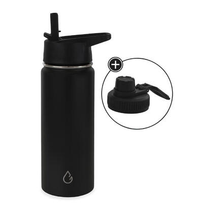 Pro waterfles rvs zwart 530 ml - dop met rietje en sportdop