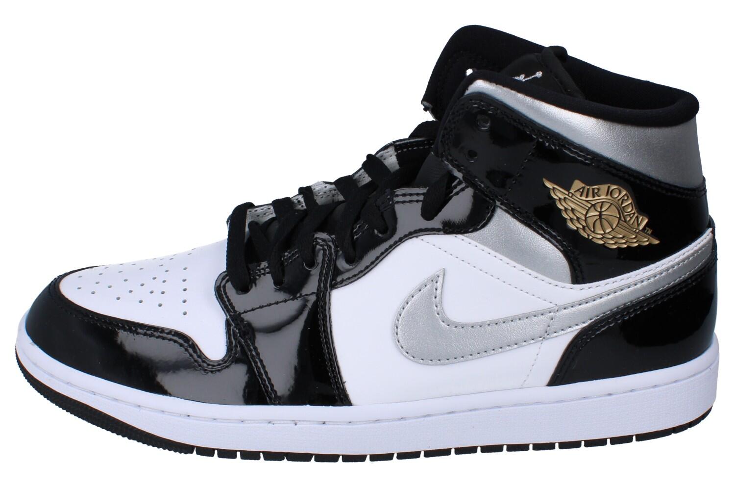 Jordan 1 Mid SE Patent Black White Metallic Silver Metallic Gold 6/6