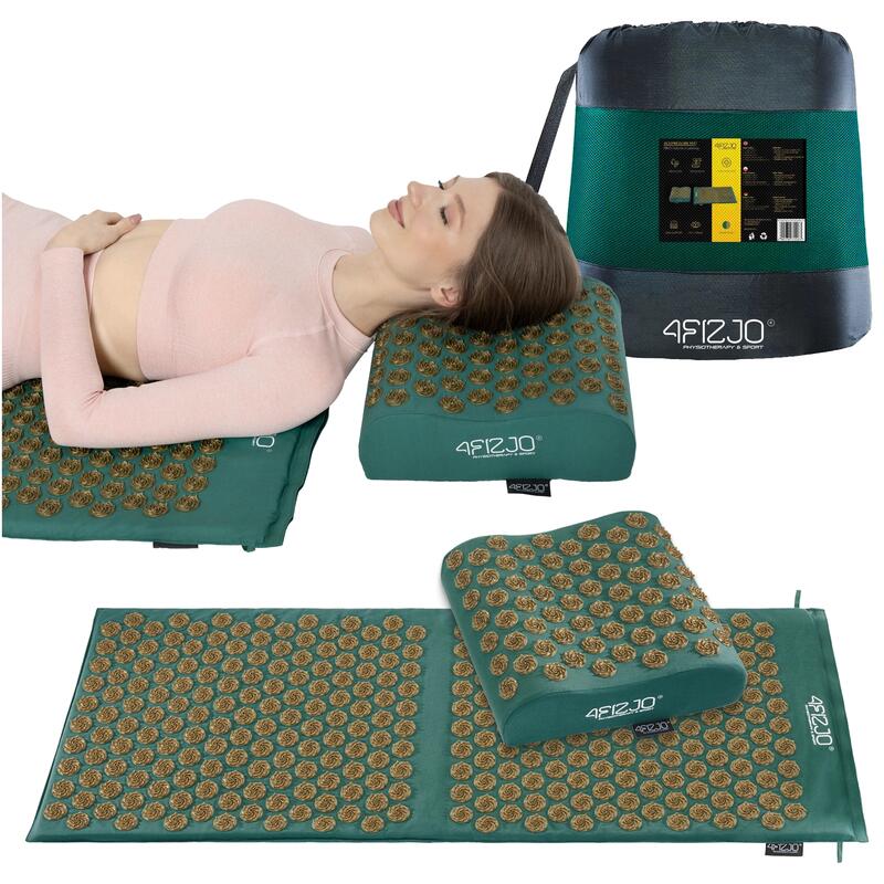 Duża mata do akupresury terapeutyczna 4FIZJO ERGO XL z poduszką zielono-złota